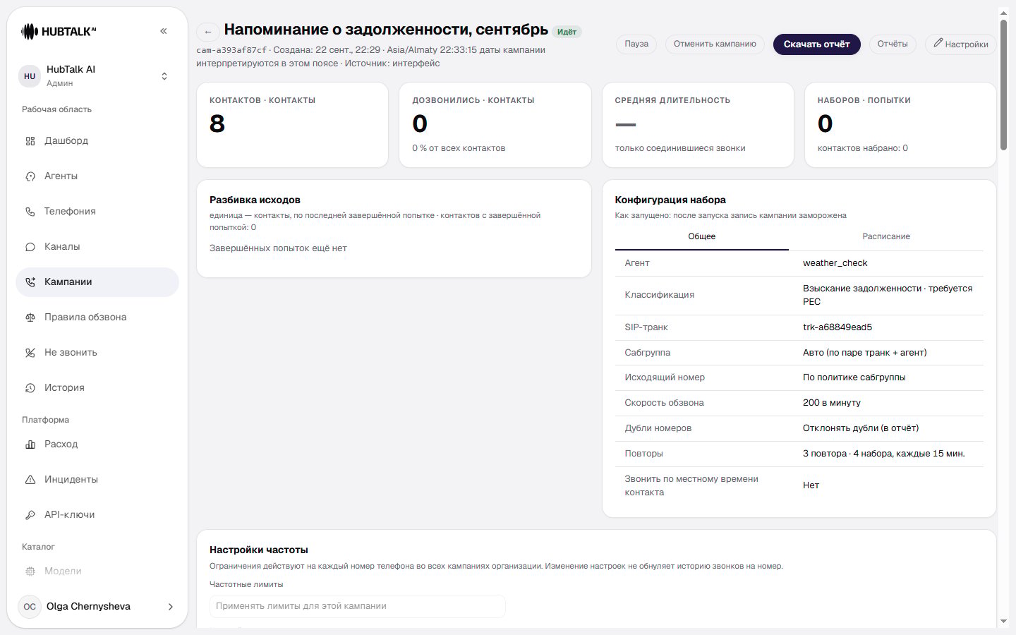 Метрики кампании: «Контактов», «Дозвонились», «Средняя длительность» и «Наборов»