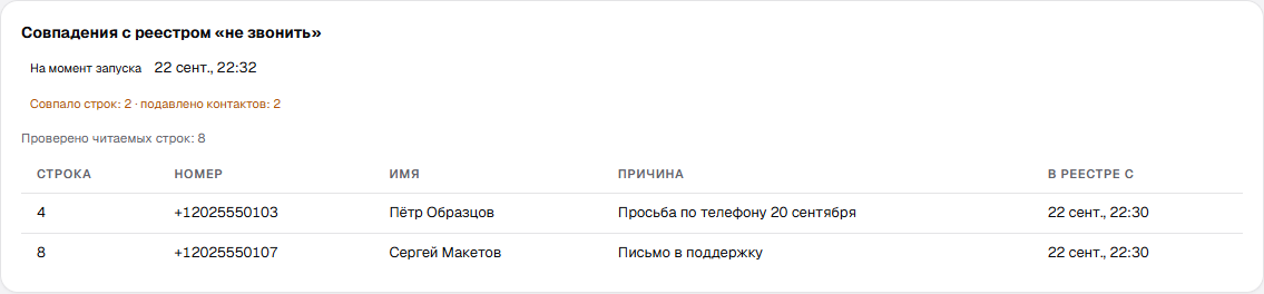 Тот же блок после запуска: пометка «На момент запуска» и замороженный список совпадений