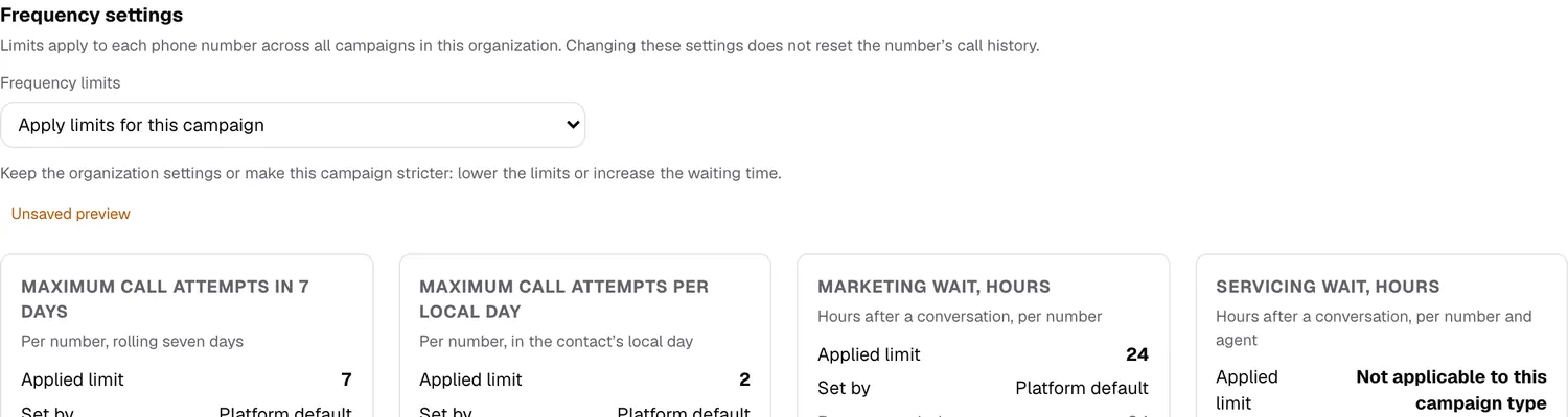 The same control switched to Apply limits for this campaign