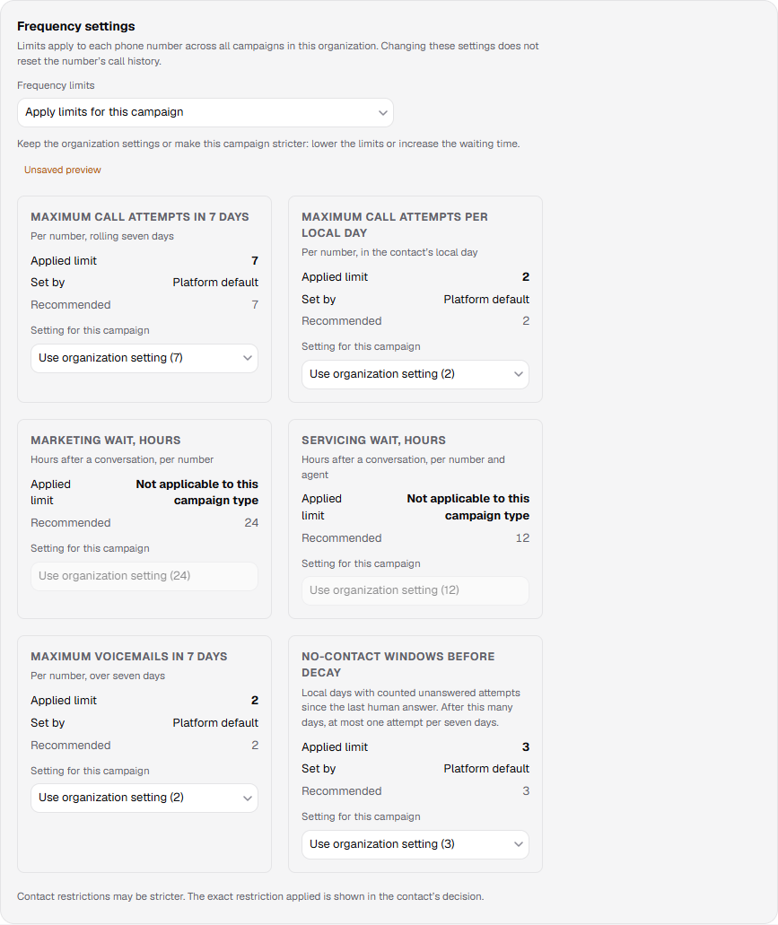 The Frequency settings block on the Dialing step: applied limit, source, recommendation, and the not-applicable note