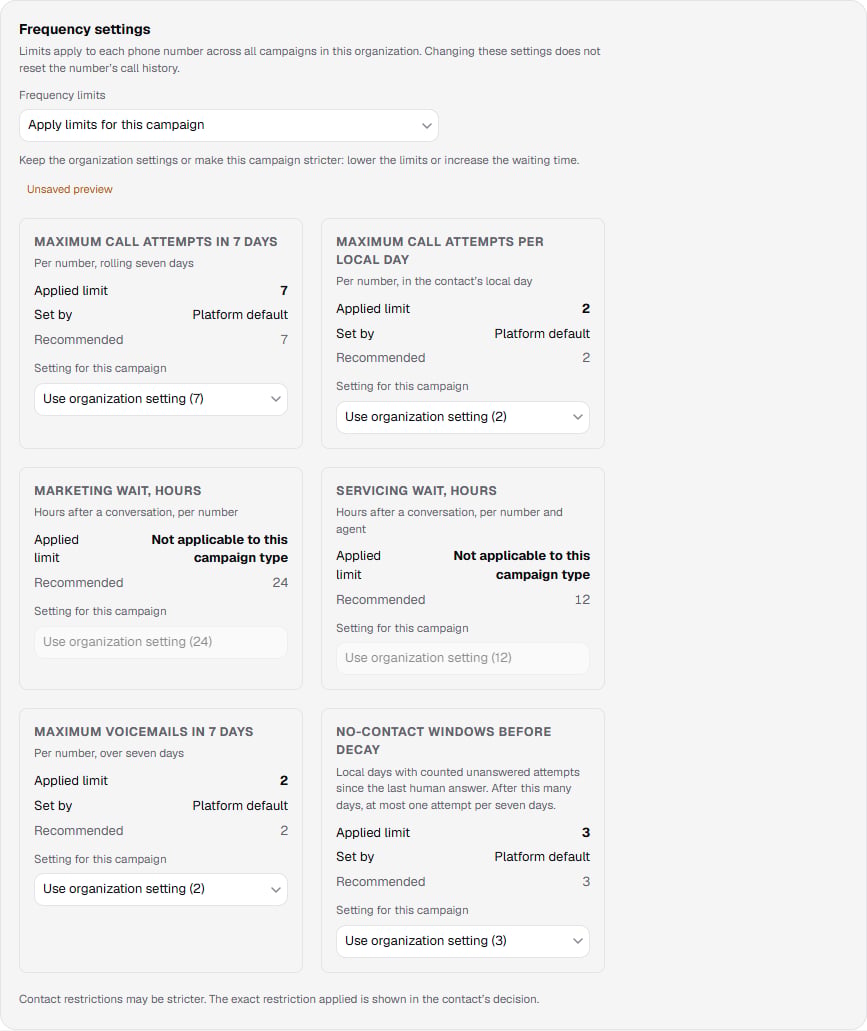 The Frequency settings block on the Dialing step: applied limit, source, recommendation, and the not-applicable note