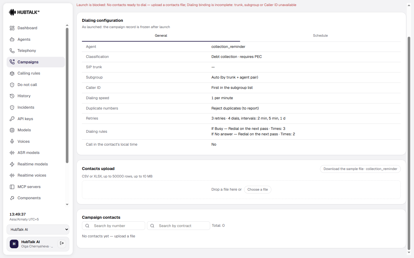 The contacts upload block: file limits and the per-agent sample file button