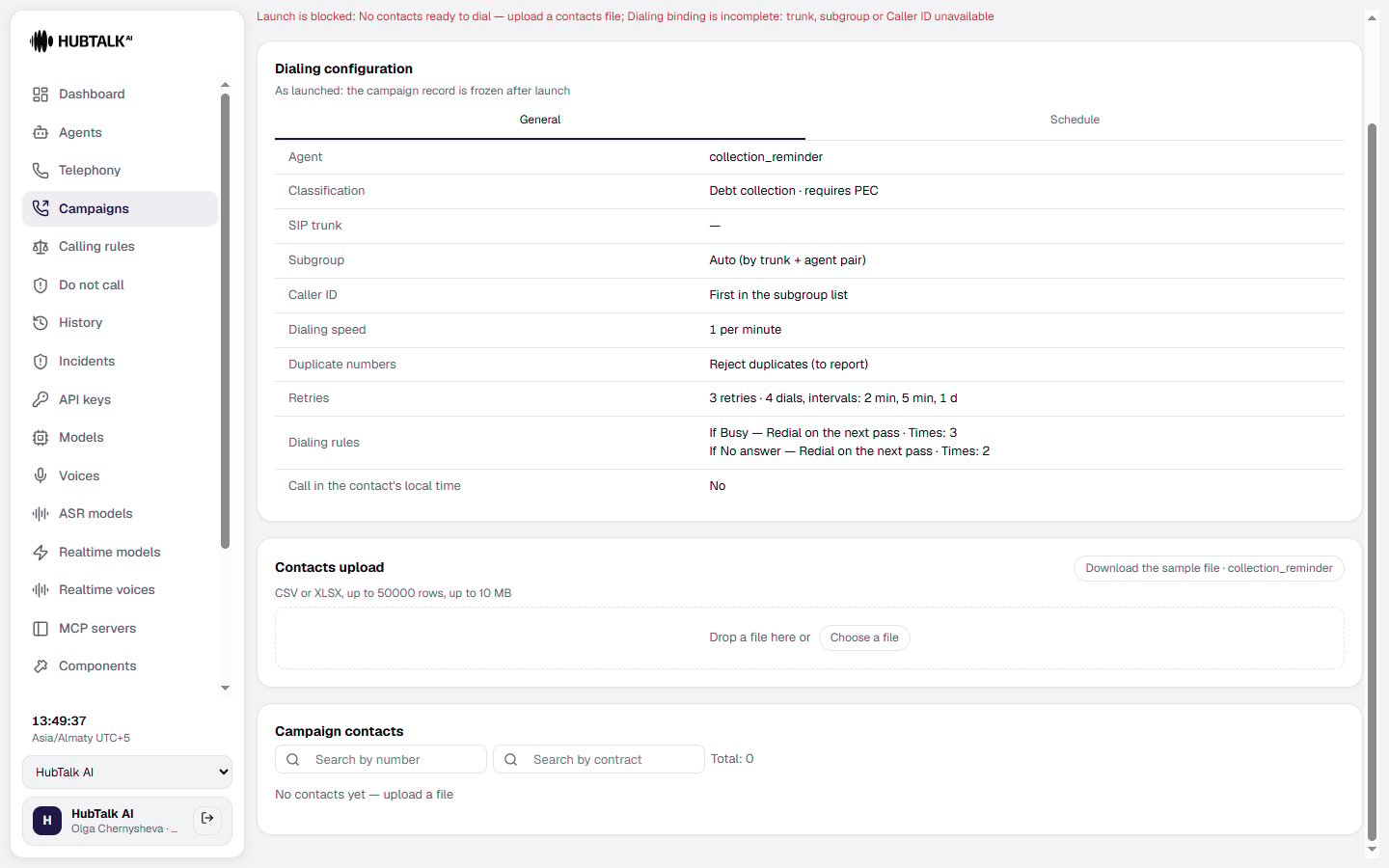 The contacts upload block: file limits and the per-agent sample file button