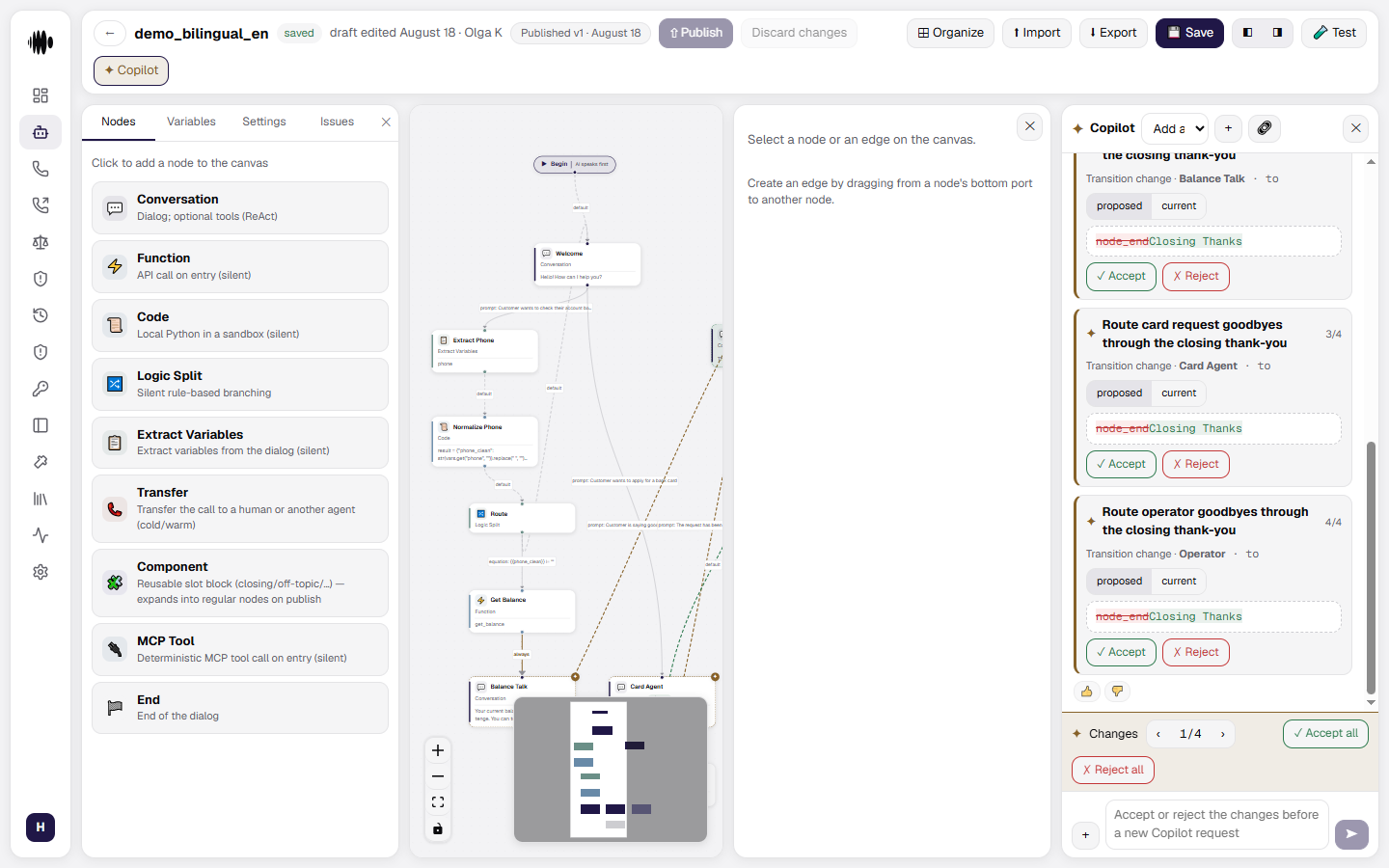 Copilot panel open in the agent editor with a conversation in progress