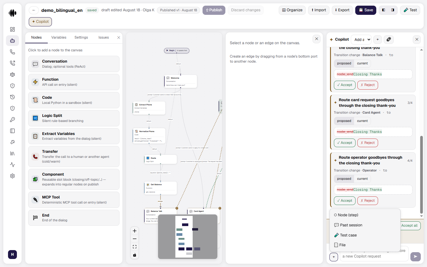 The + button's context menu: Node, Past session, Test case, and File