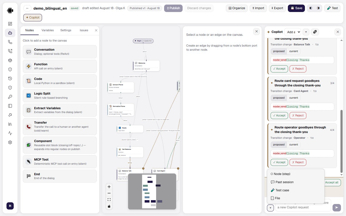 The + button's context menu: Node, Past session, Test case, and File