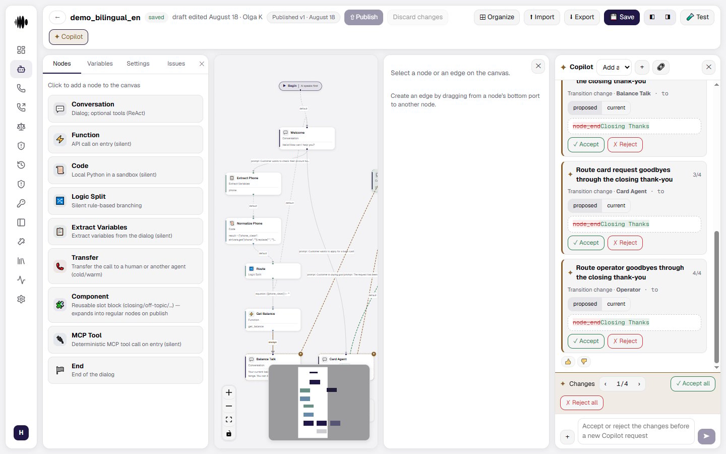 Copilot proposal with a counter, per-change diff, and Accept/Reject controls