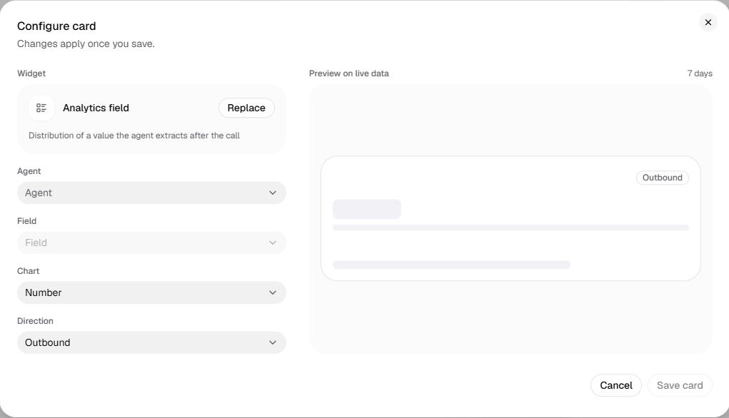 The Configure card window for the Analytics field widget: agent, field, chart and direction on the left, the preview on the right