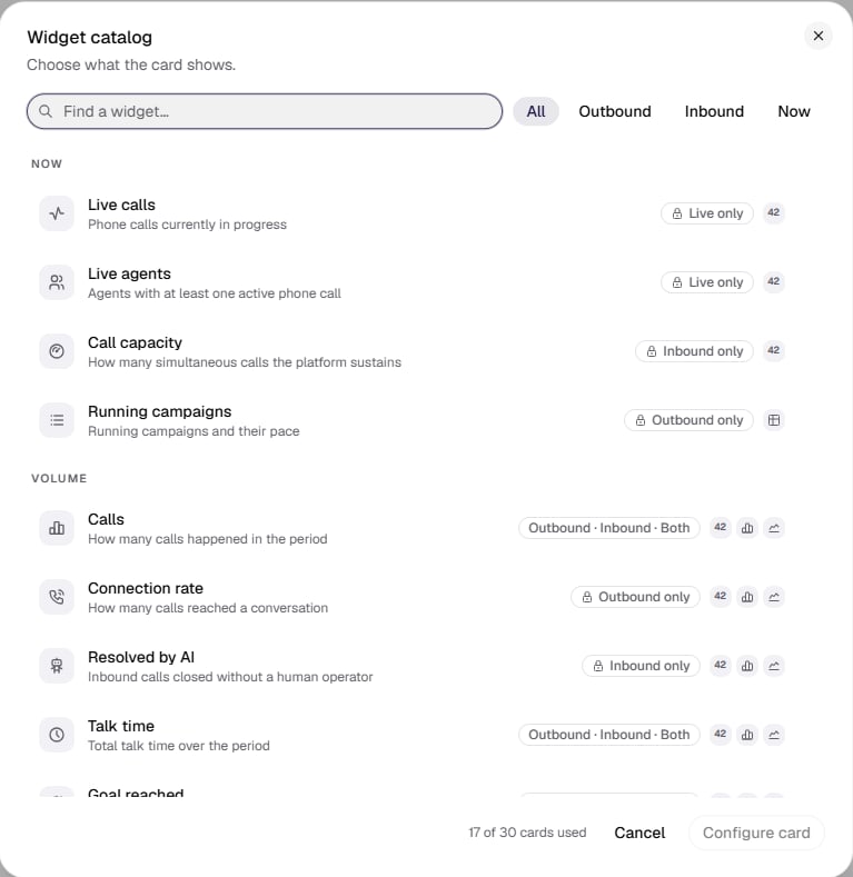The widget catalog: search, direction tabs, the Now and Volume groups, locks on widgets with a single permitted direction