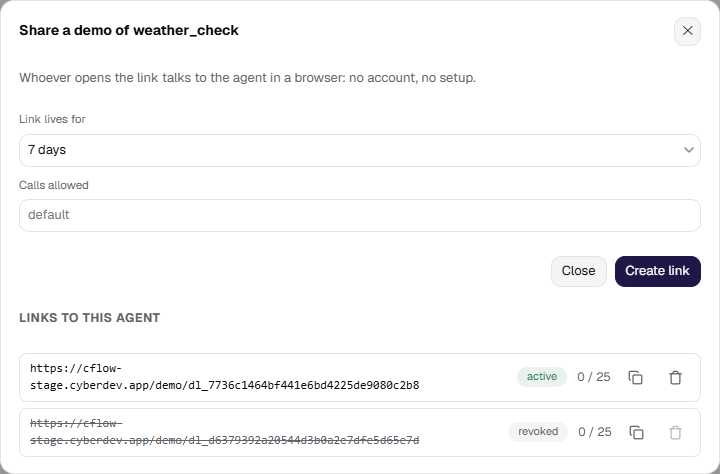 The Share panel: link lifetime, call ceiling, and the list of issued links with their states