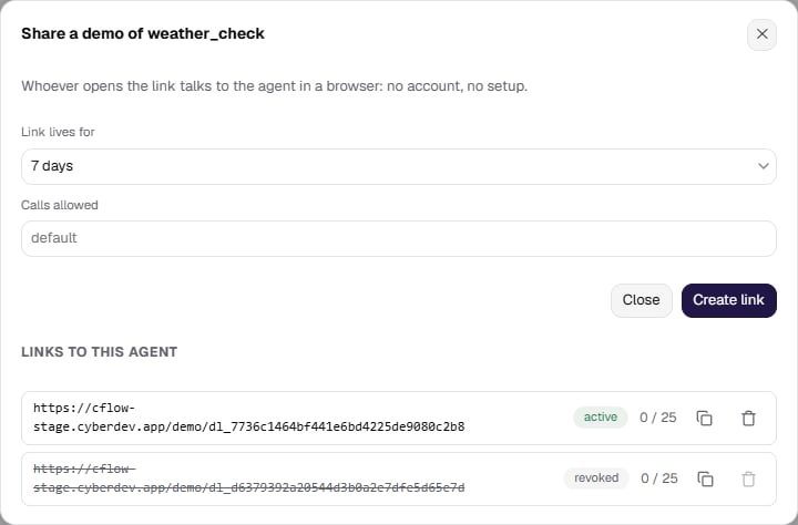 The Share panel: link lifetime, call ceiling, and the list of issued links with their states