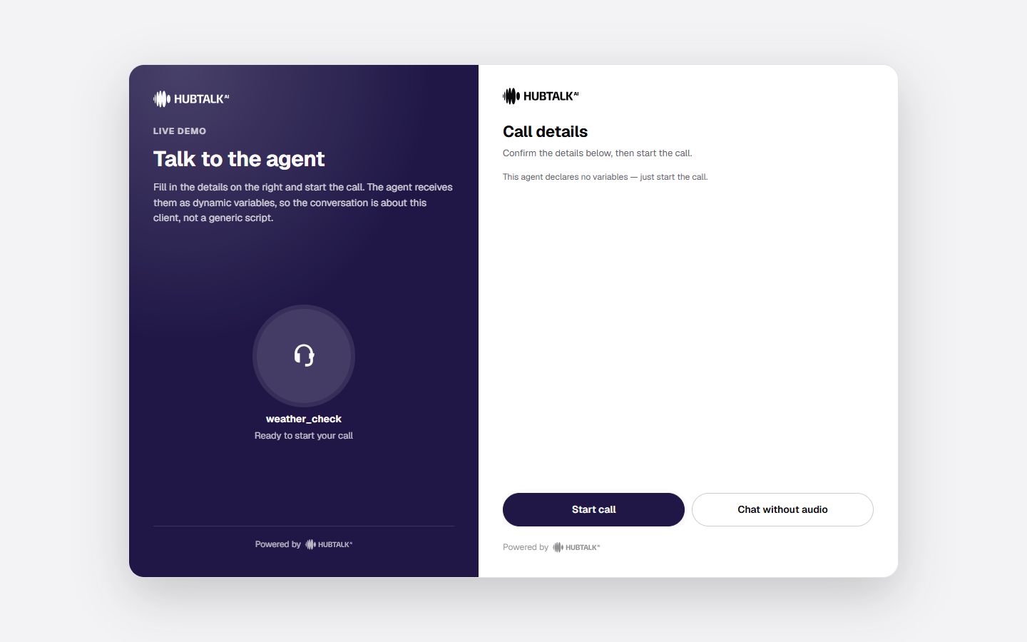 The demo link page: the agent's name, the call details form, the Start call and Chat without audio buttons