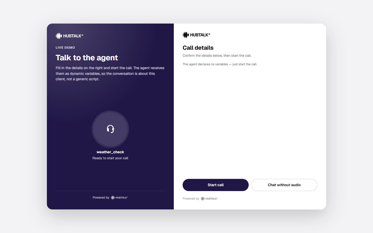 The demo link page: the agent's name, the call details form, the Start call and Chat without audio buttons