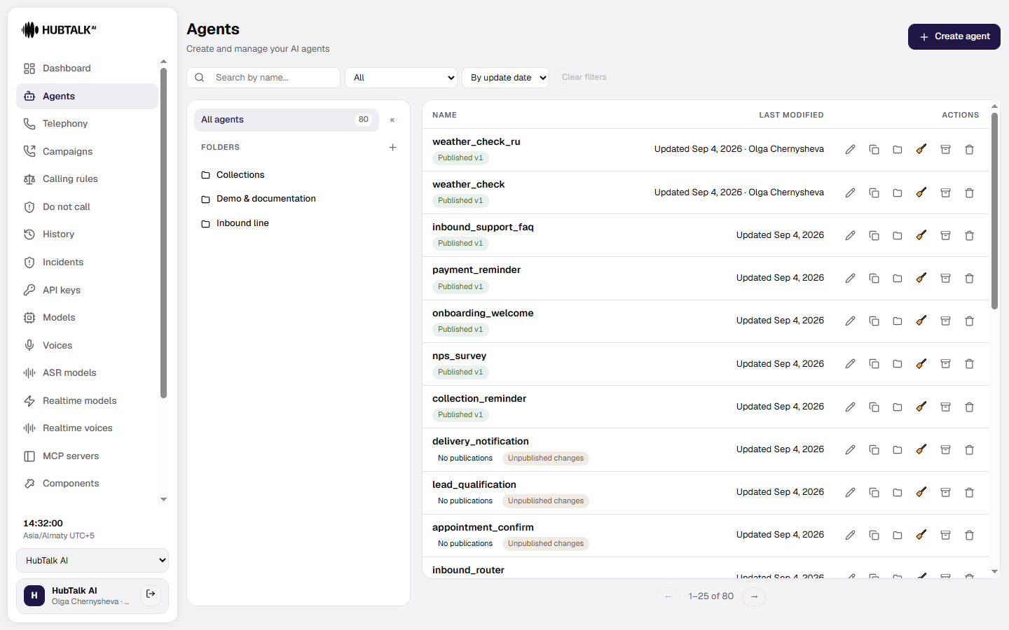 Agents section with the agent list and the Create agent button