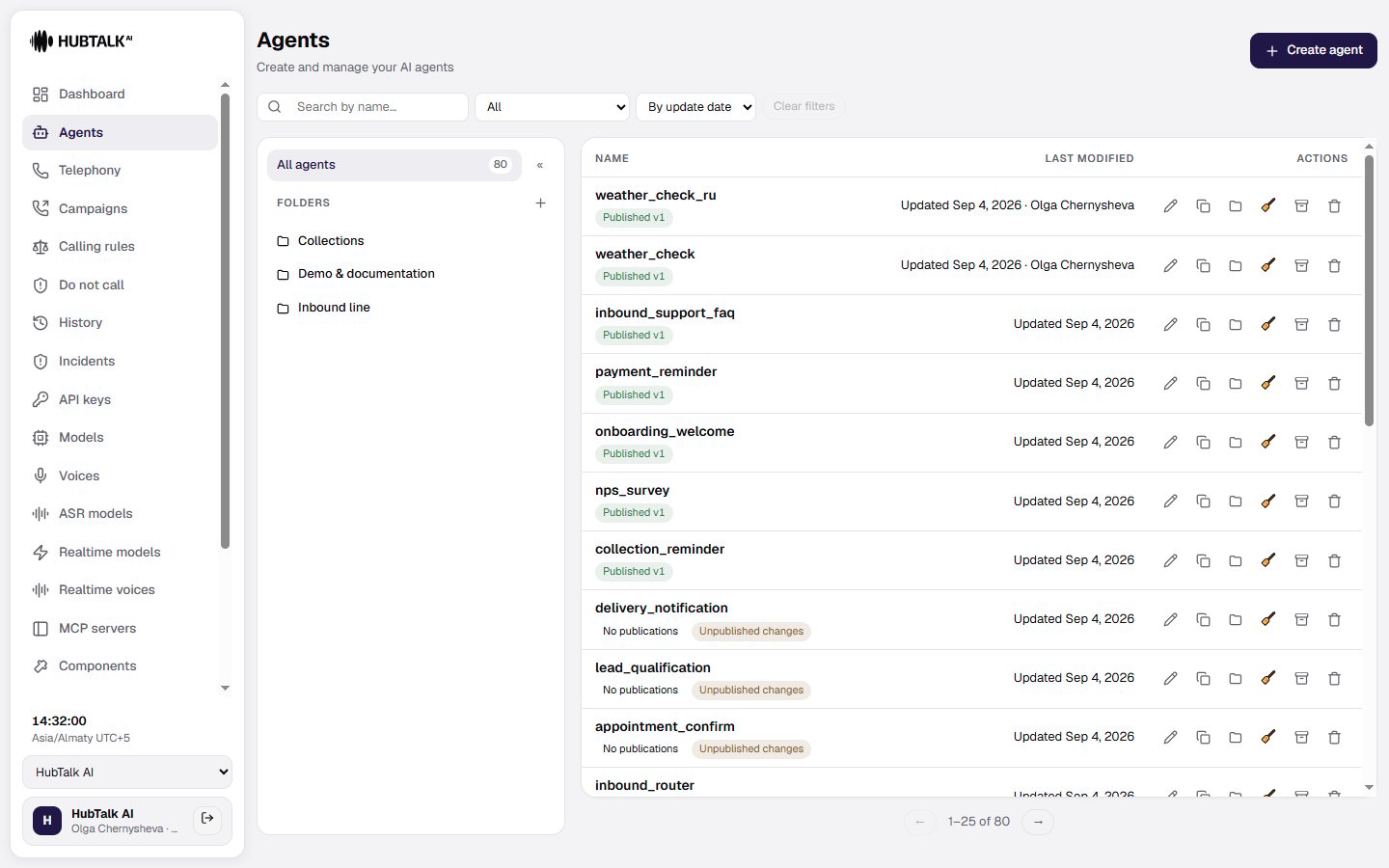 Agents section with the agent list and the Create agent button