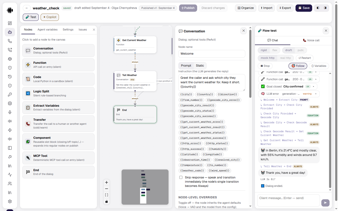 Flow test panel during a chat run