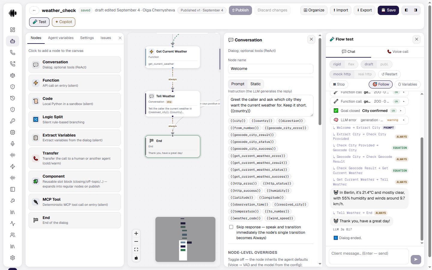 Flow test panel during a chat run