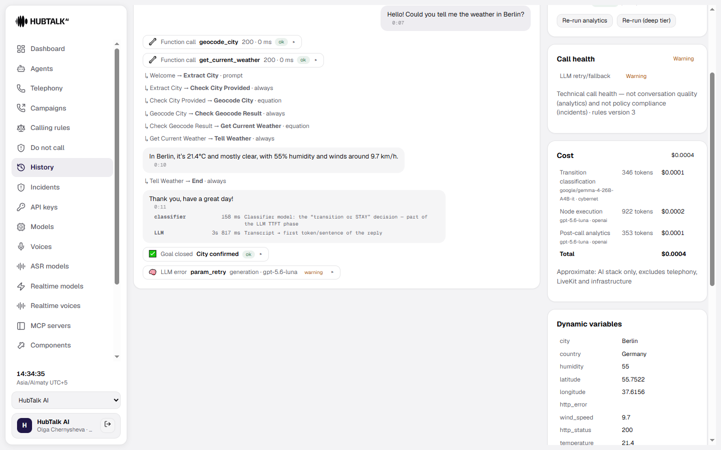 Call detail with transcript, events, and metrics