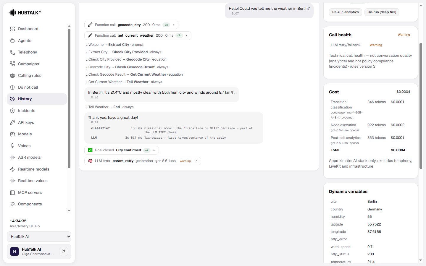 Call detail with transcript, events, and metrics