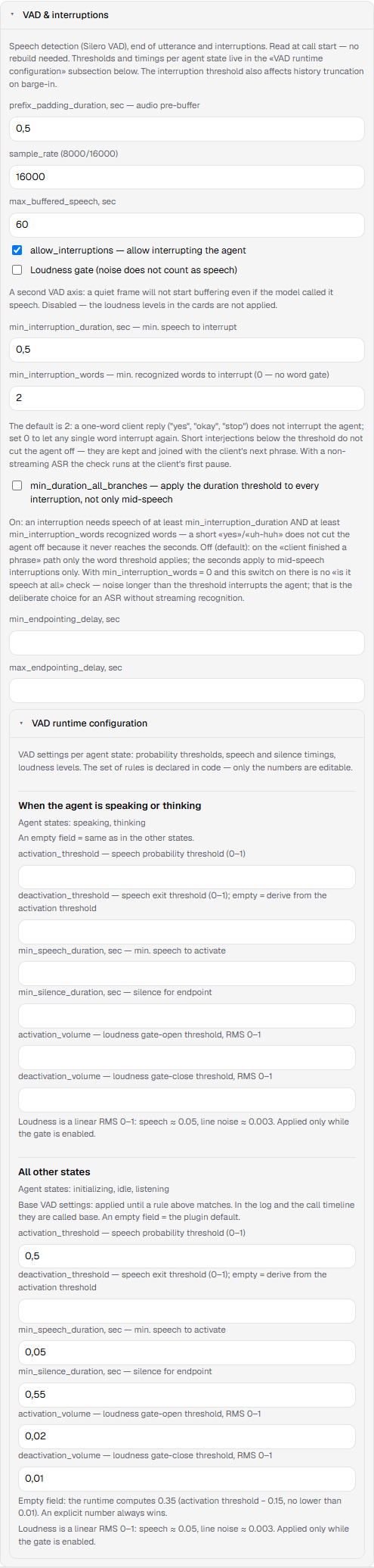 The VAD & interruptions section: the interruption thresholds and the VAD runtime cards