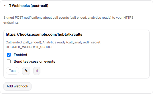 The Webhooks (post-call) section: a configured endpoint, its events, the secret's name, and the Add webhook button