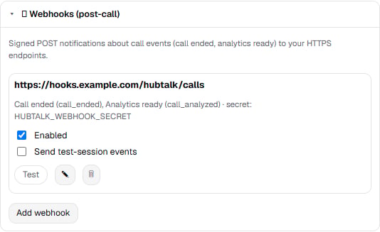 The Webhooks (post-call) section: a configured endpoint, its events, the secret's name, and the Add webhook button