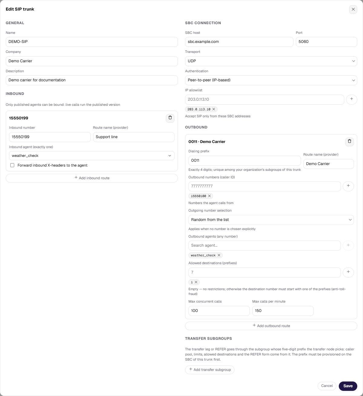 The SIP trunk edit dialog: inbound and outbound routes, SBC connection, caller ID