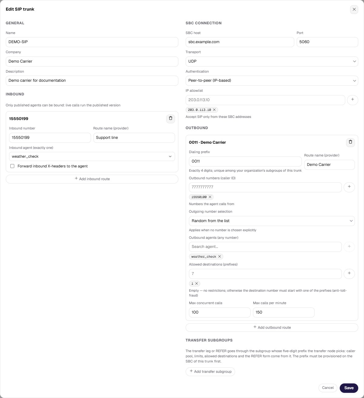 The SIP trunk edit dialog: inbound and outbound routes, SBC connection, caller ID