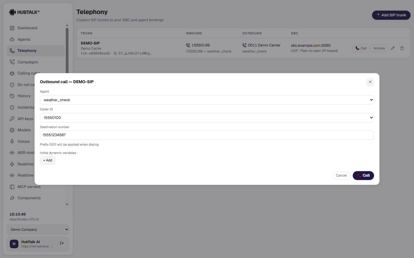 Test outbound call panel: agent, caller ID, and destination number