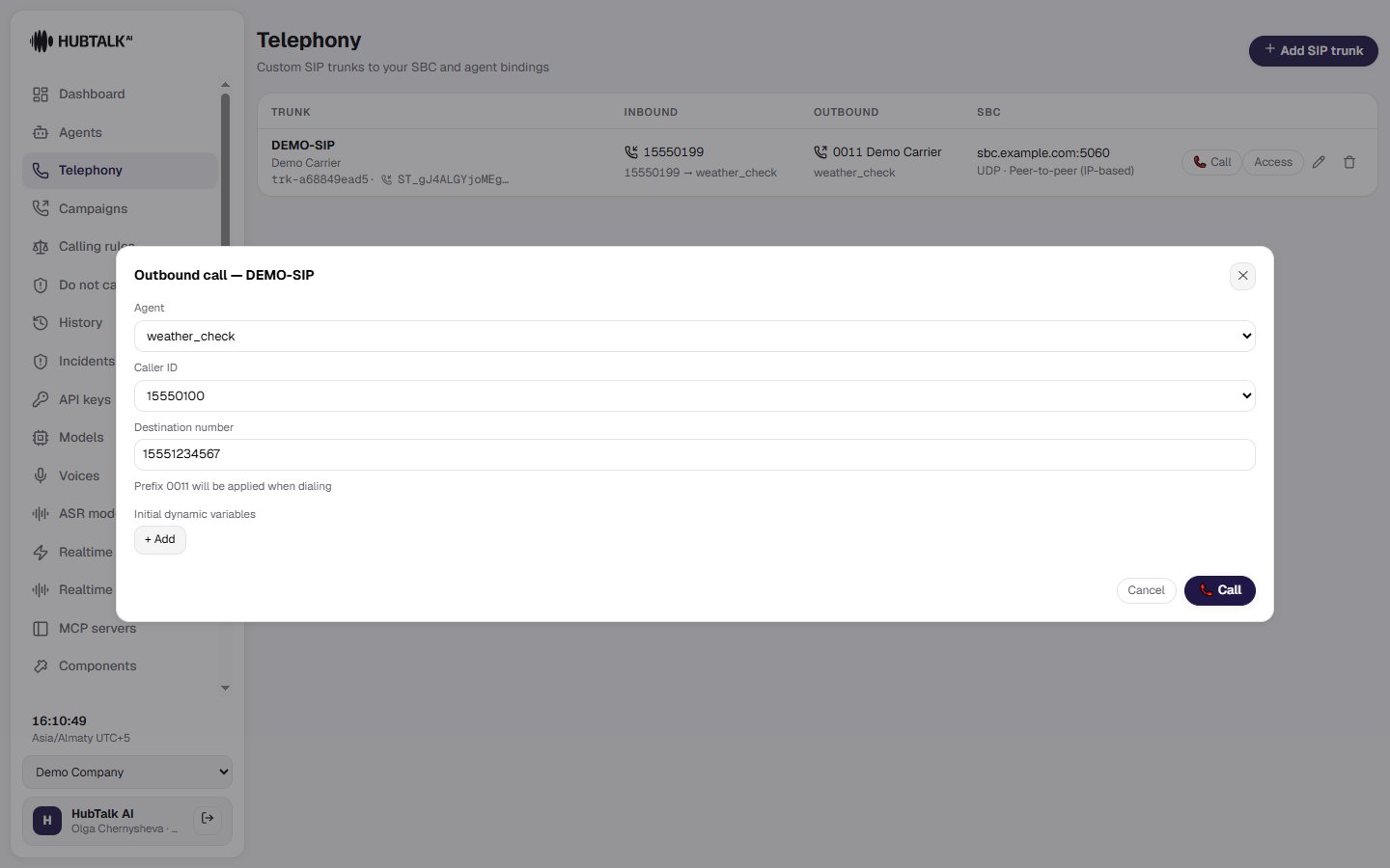 Test outbound call panel: agent, caller ID, and destination number