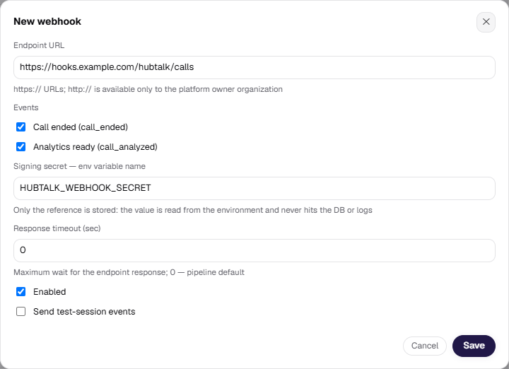 The New webhook form: endpoint URL, events, the env variable name holding the signing secret, and the response timeout