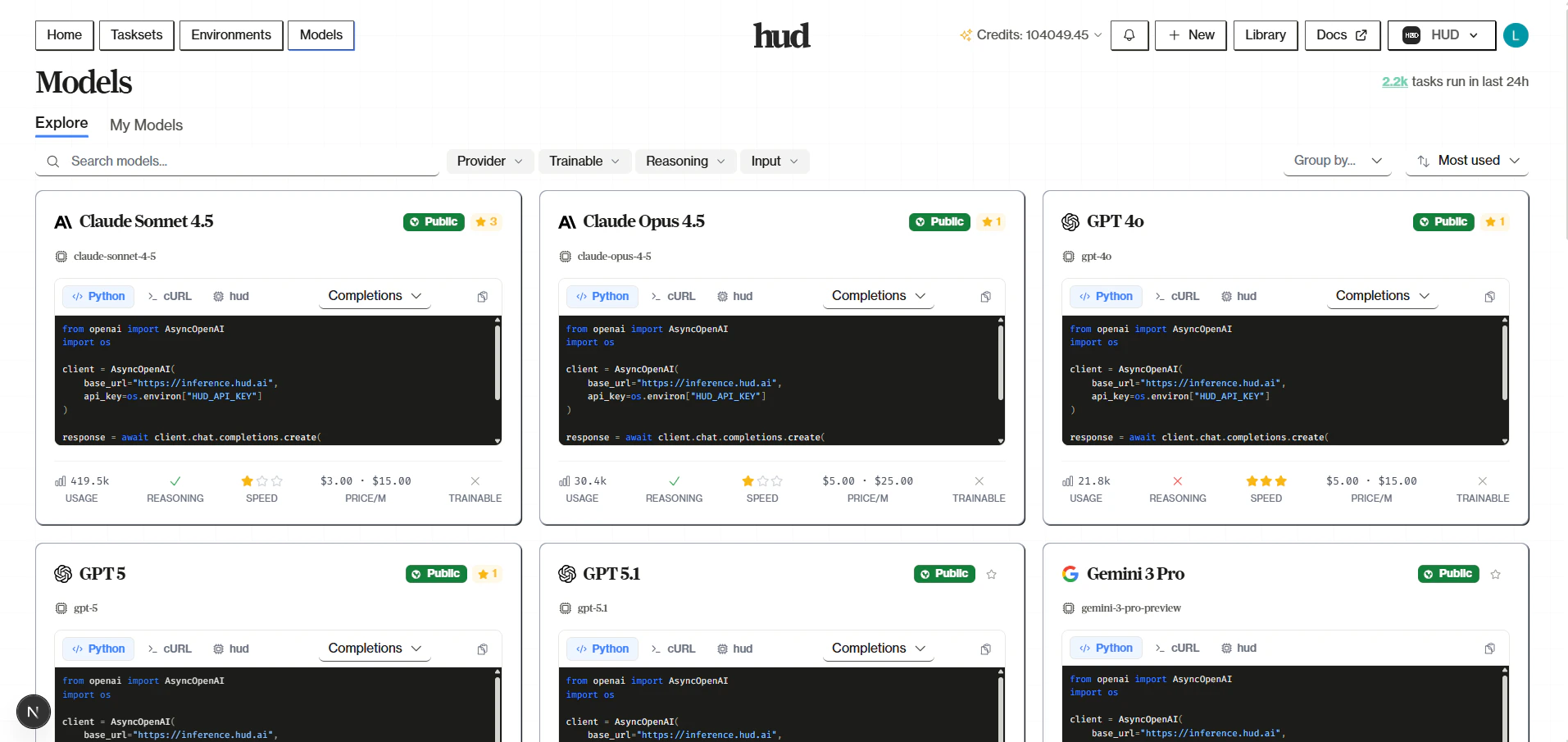 Models page showing available models