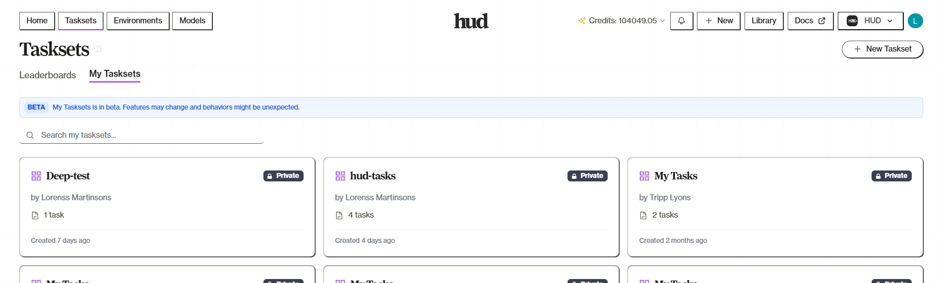 Tasksets page showing leaderboards and personal tasksets