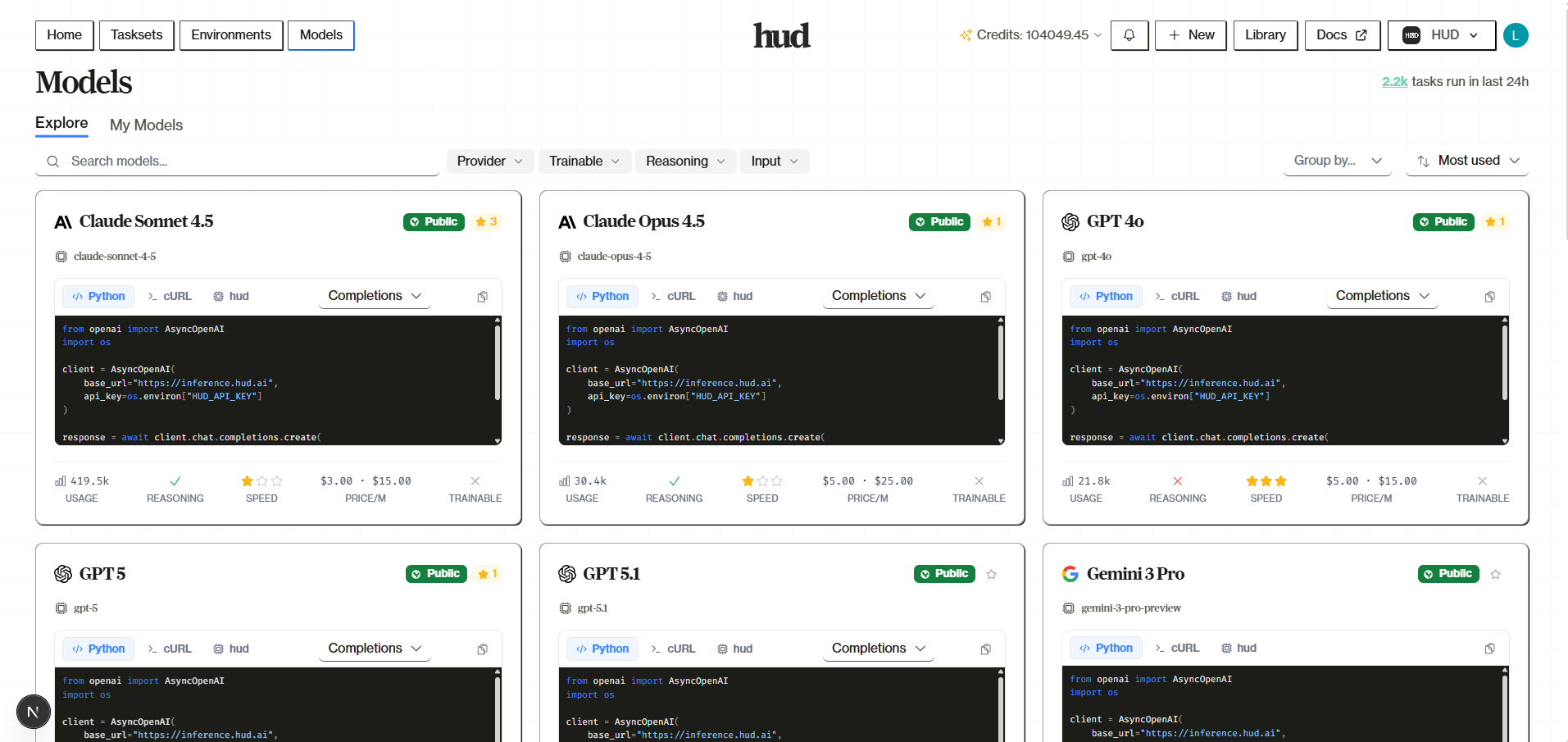 Models page showing available models
