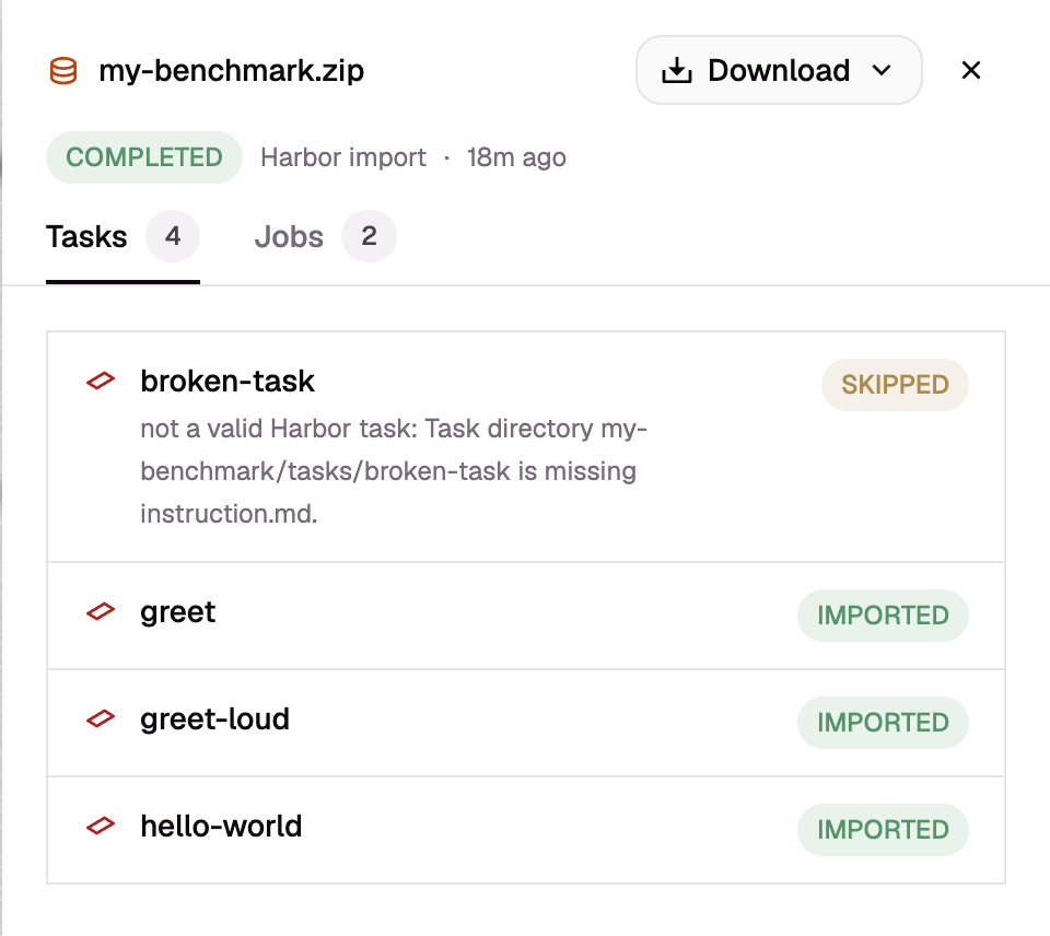 The report of an import, listing three imported tasks and one task skipped because it is missing instruction.md.