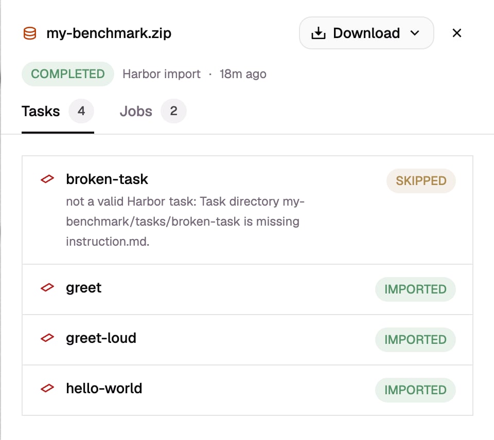 The report of an import, listing three imported tasks and one task skipped because it is missing instruction.md.
