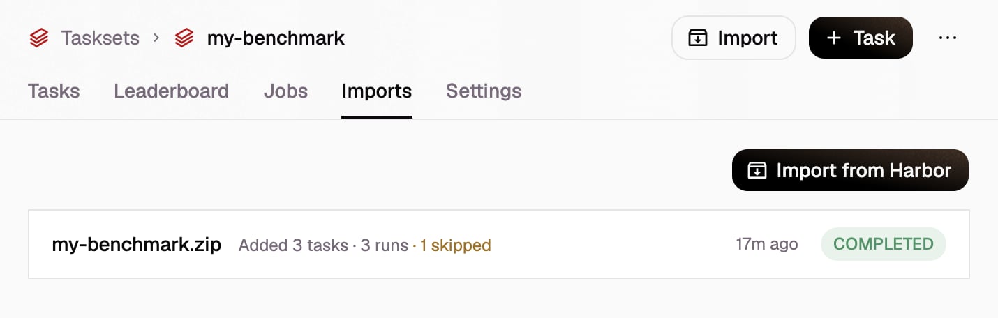 A taskset's Imports tab listing a completed import of my-benchmark.zip that added three tasks and three runs and skipped one task.