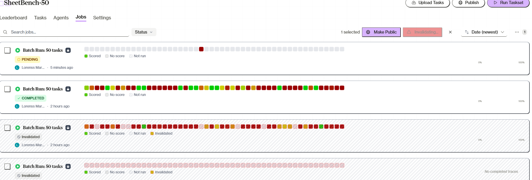 Jobs tab showing evaluation jobs