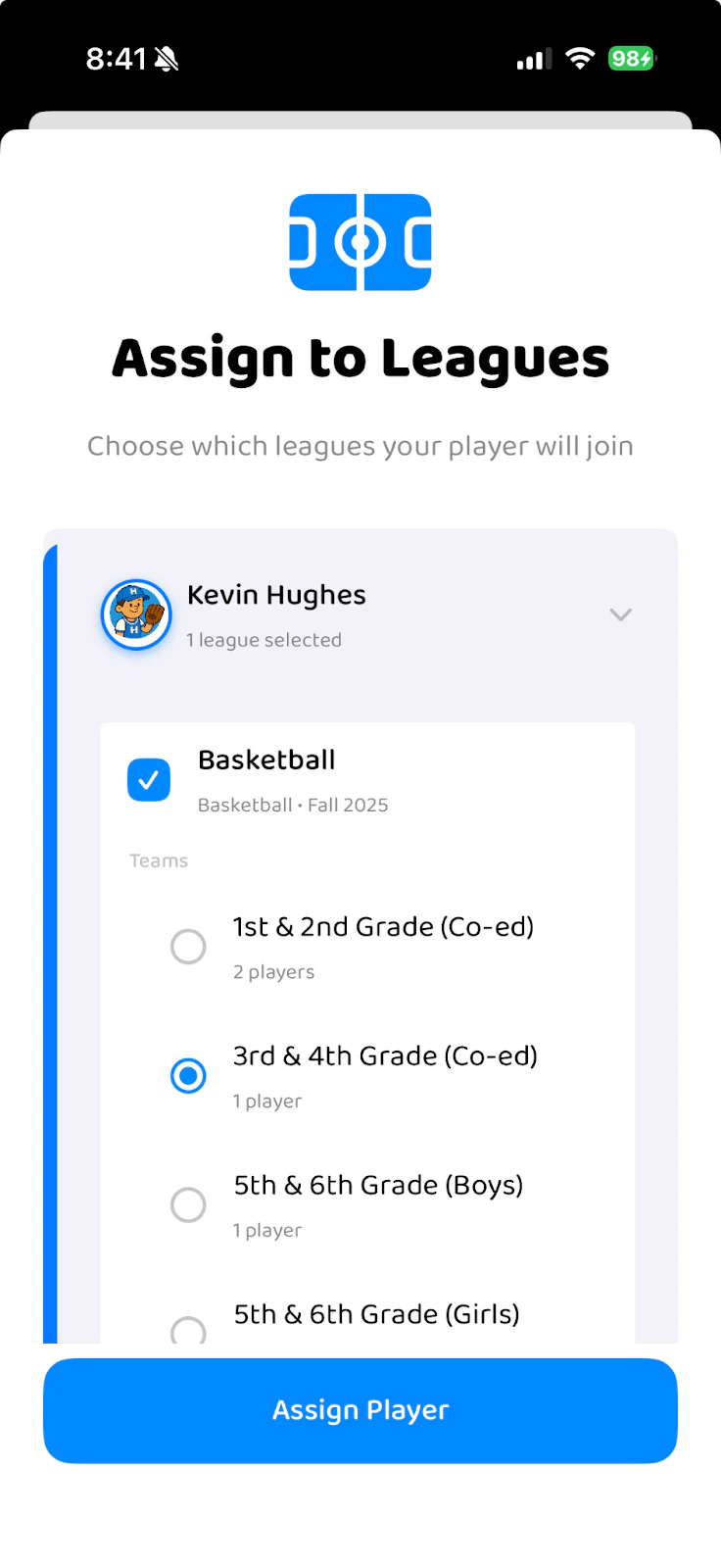 Assign to Leagues screen showing league and team selection