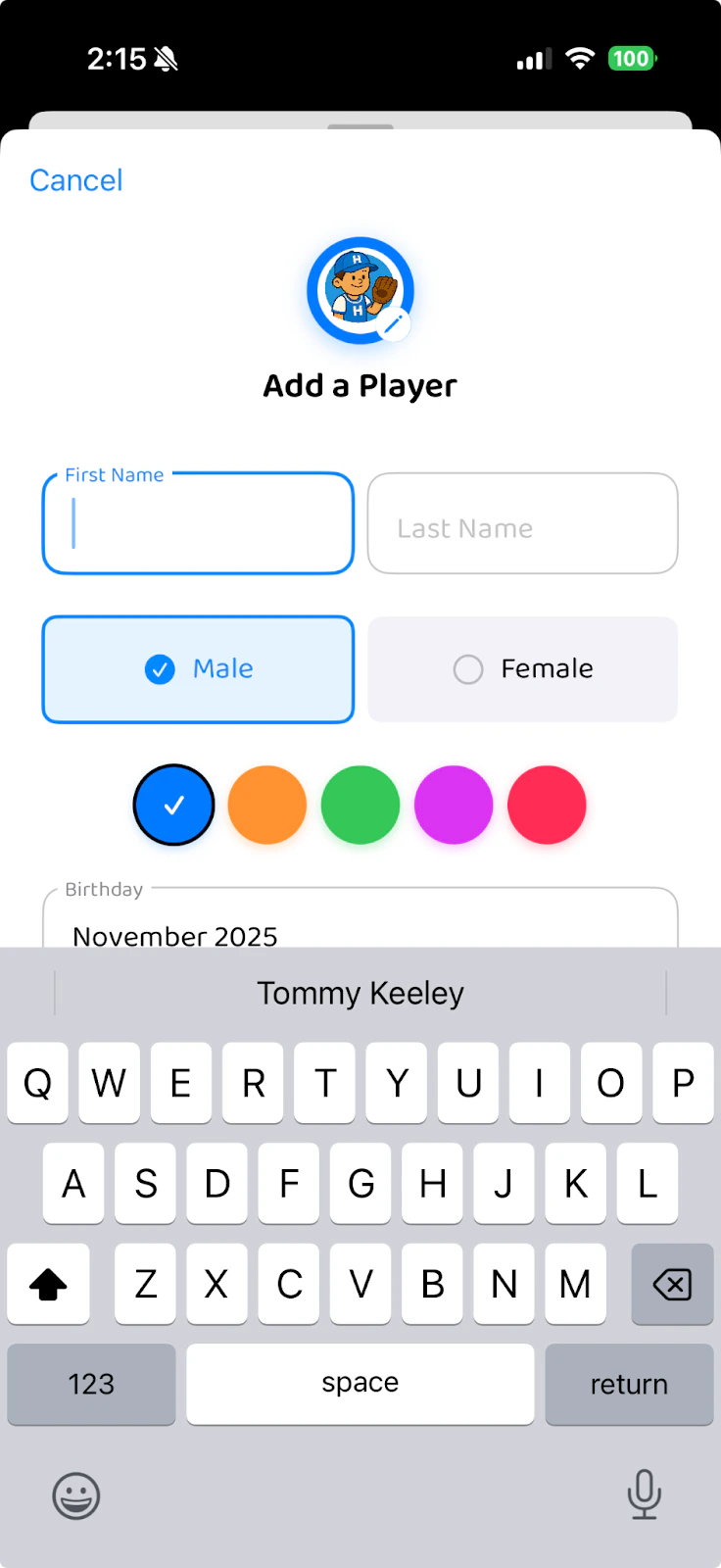 Add a Player form with name, gender, color, and birthday fields