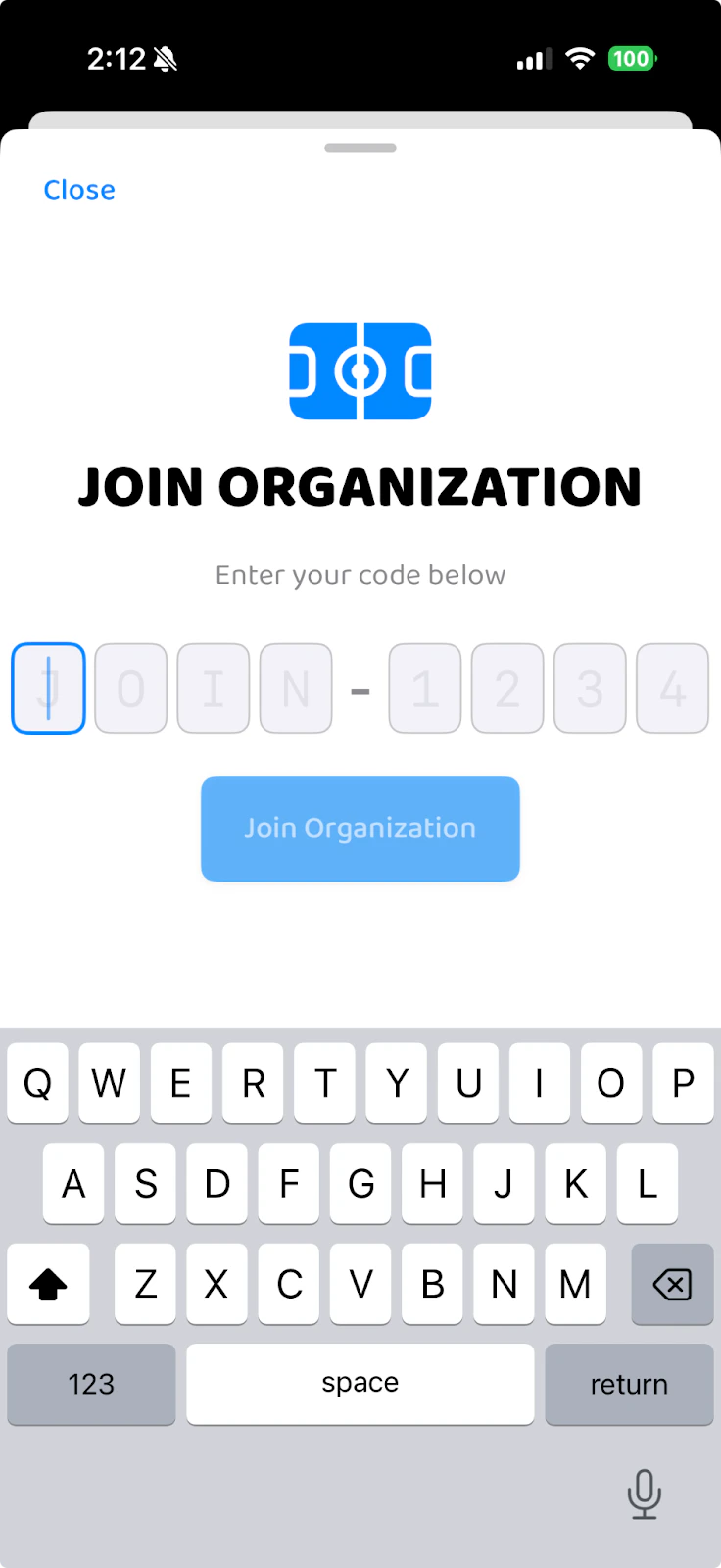 Join Organization code entry screen