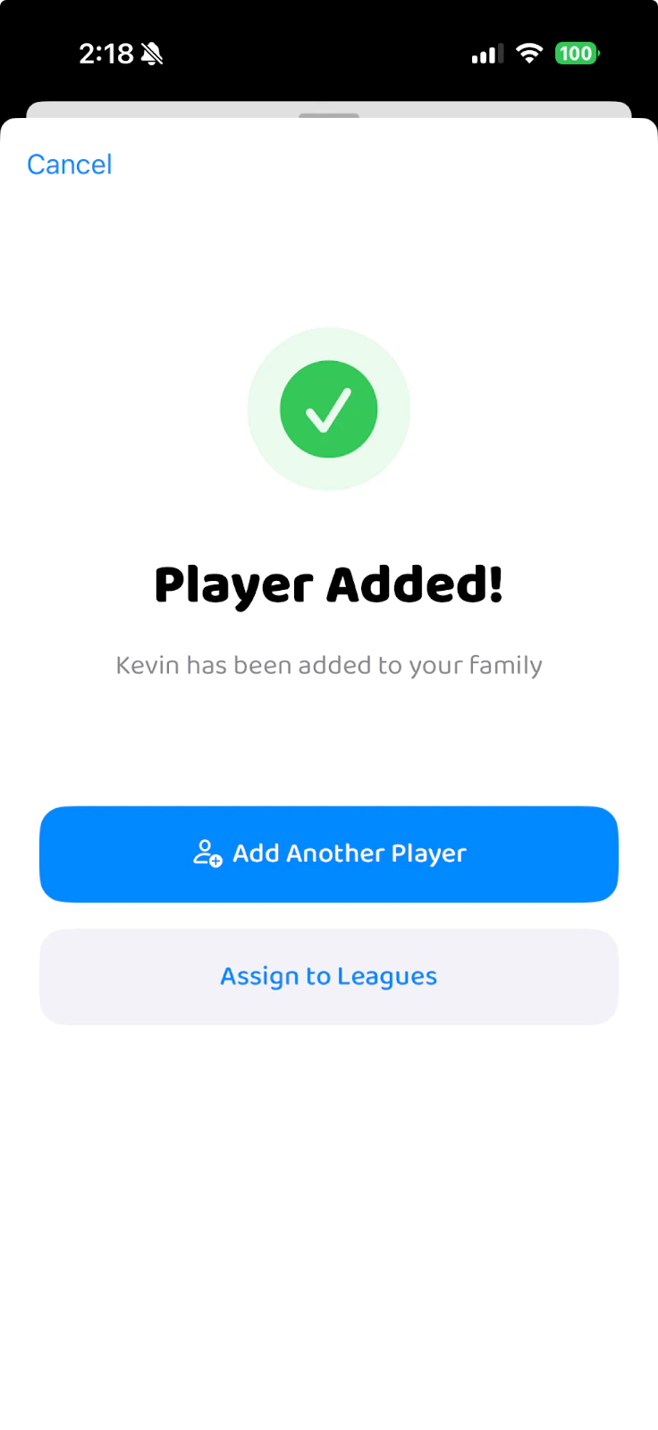 Player Added confirmation with Add Another Player and Assign to Leagues buttons