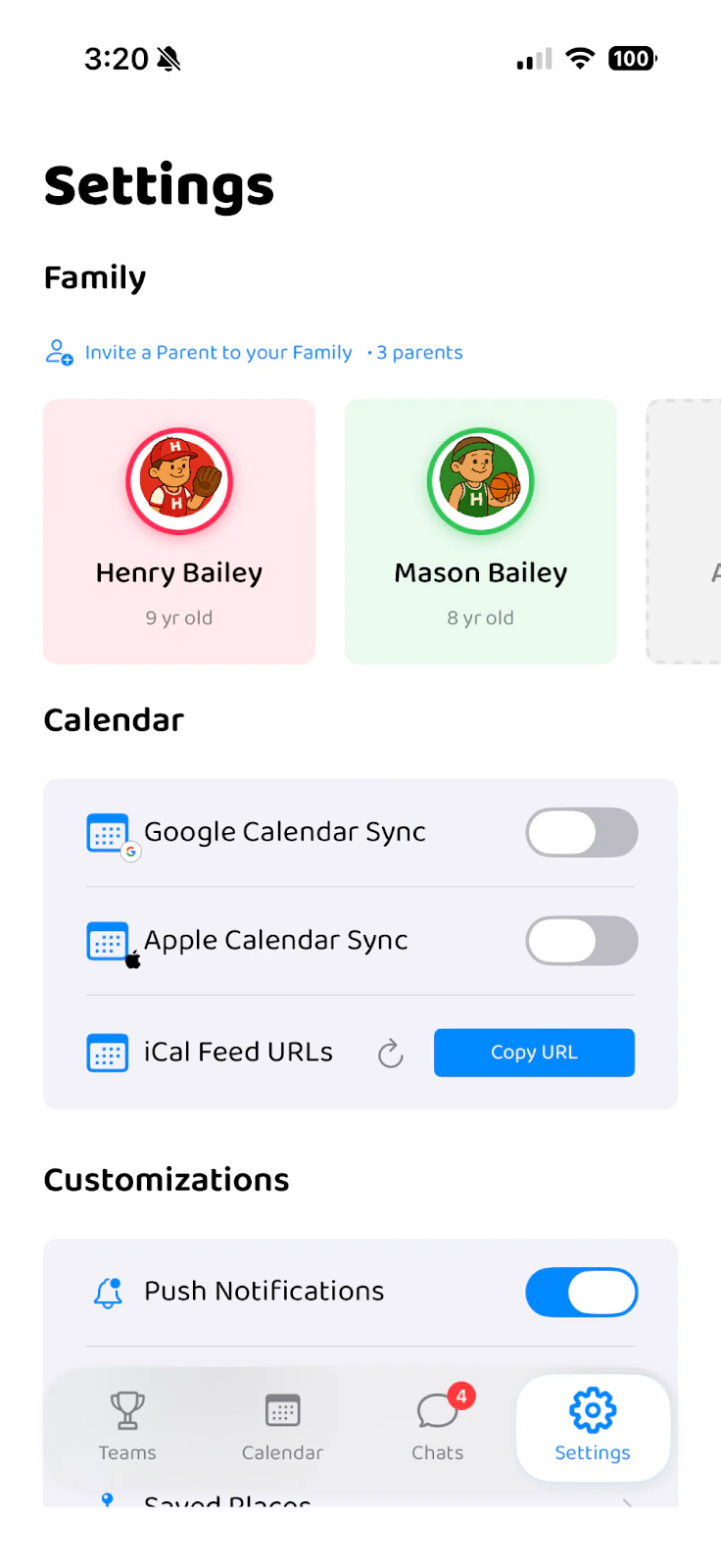 Settings screen showing Family, Calendar Sync, and Customizations