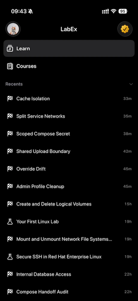 LabEx auf dem iPhone: Sidebar mit Learn, Courses und Recents