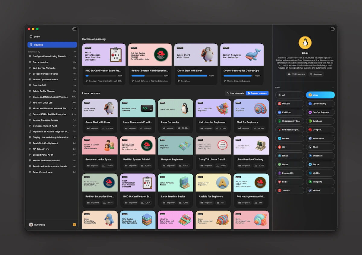 LabEx on macOS: Courses view with Continue Learning, catalog grid, and path filters