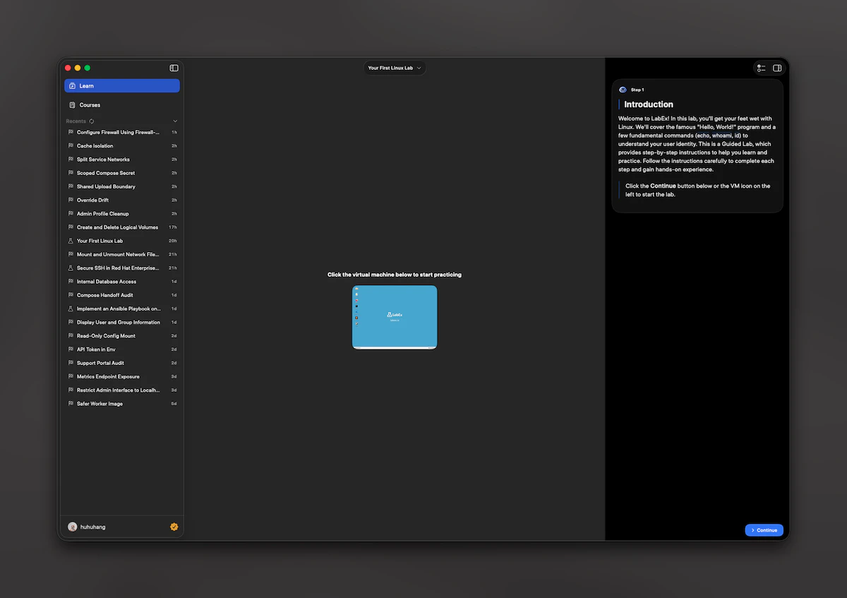 LabEx on macOS: learning layout with sidebar, VM preview area, and step panel
