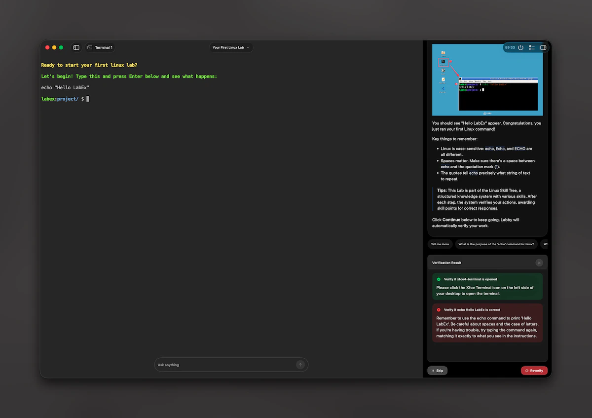 LabEx on macOS: embedded terminal in the workspace with assistant and verification panel