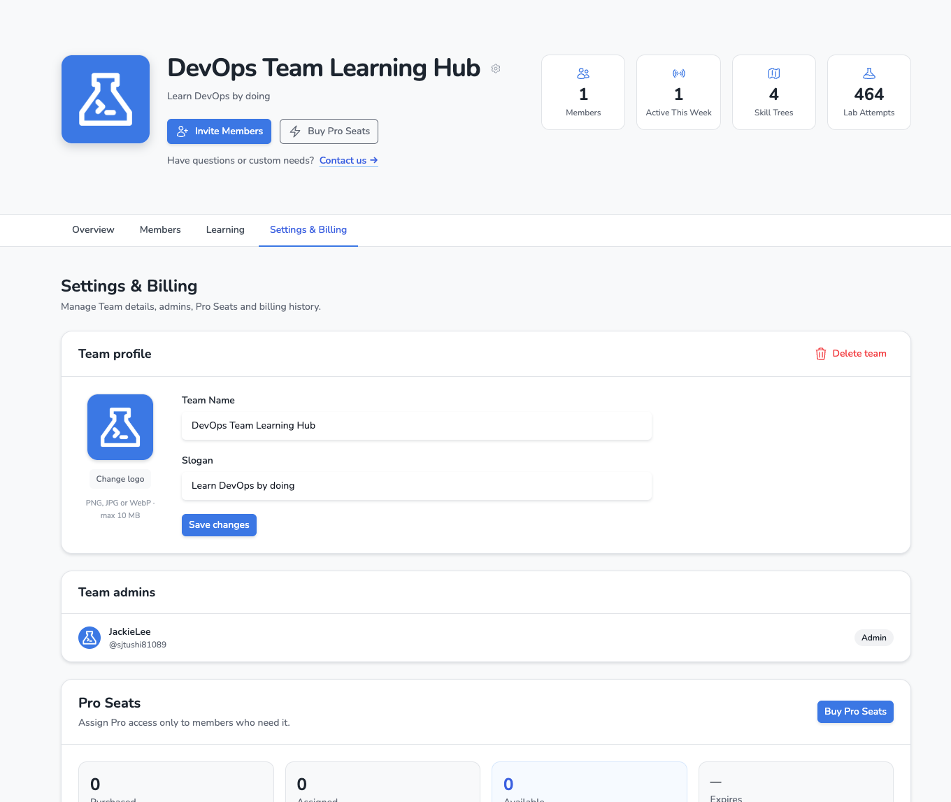 Настройки и оплата LabEx Teams с профилем команды, администраторами и местами Pro