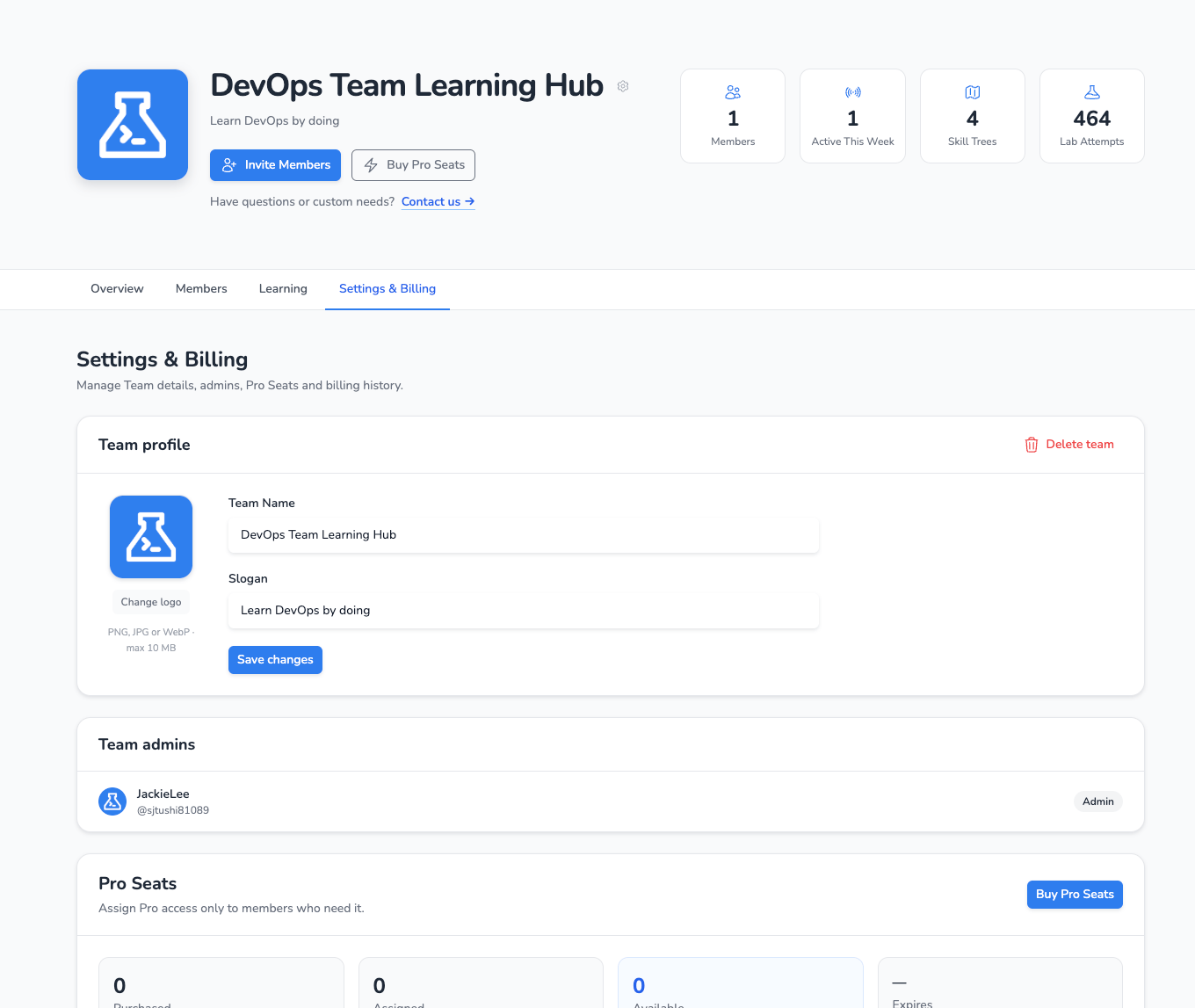 Настройки и оплата LabEx Teams с профилем команды, администраторами и местами Pro