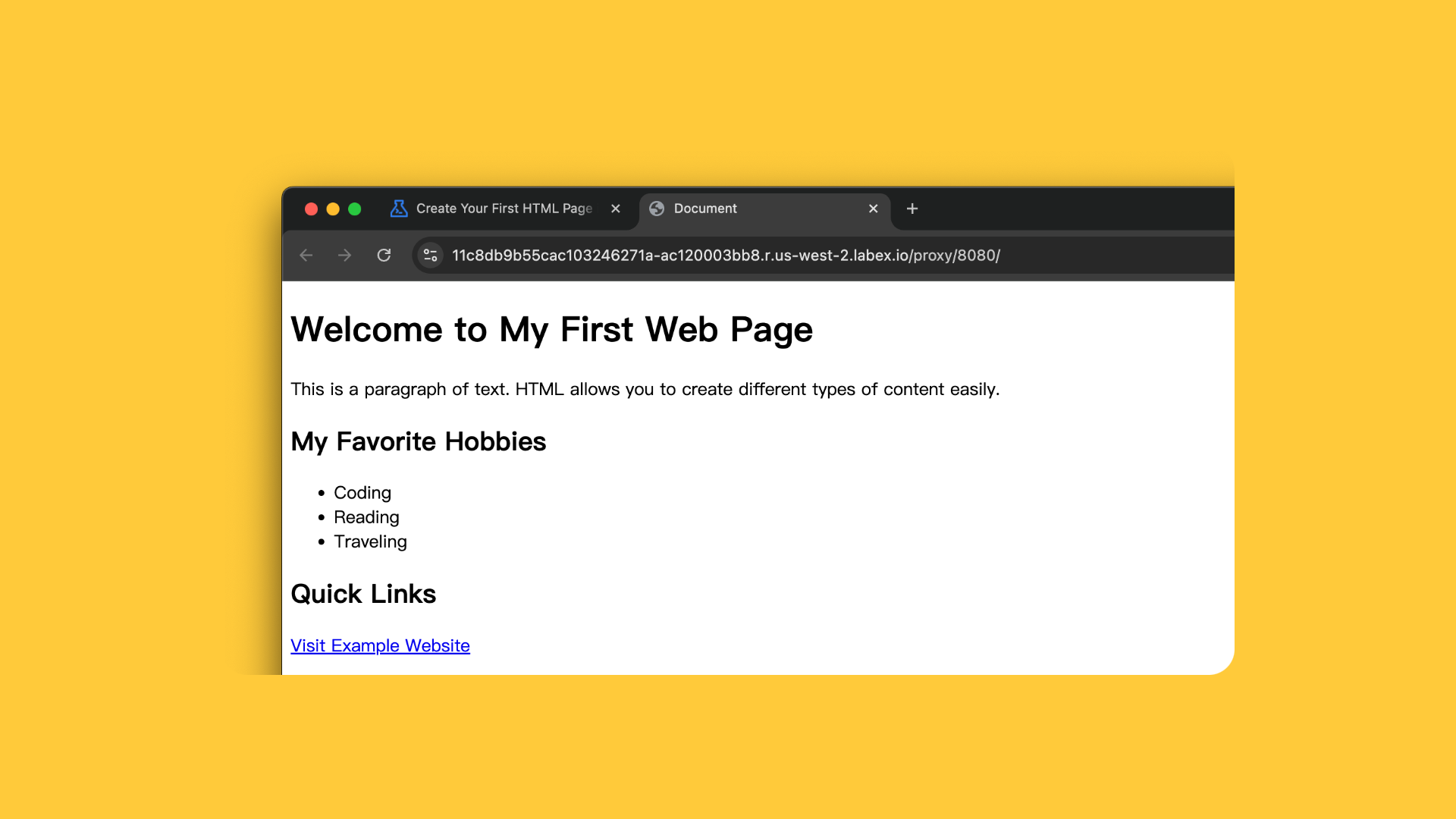 Page HTML rendue dans l'onglet du navigateur